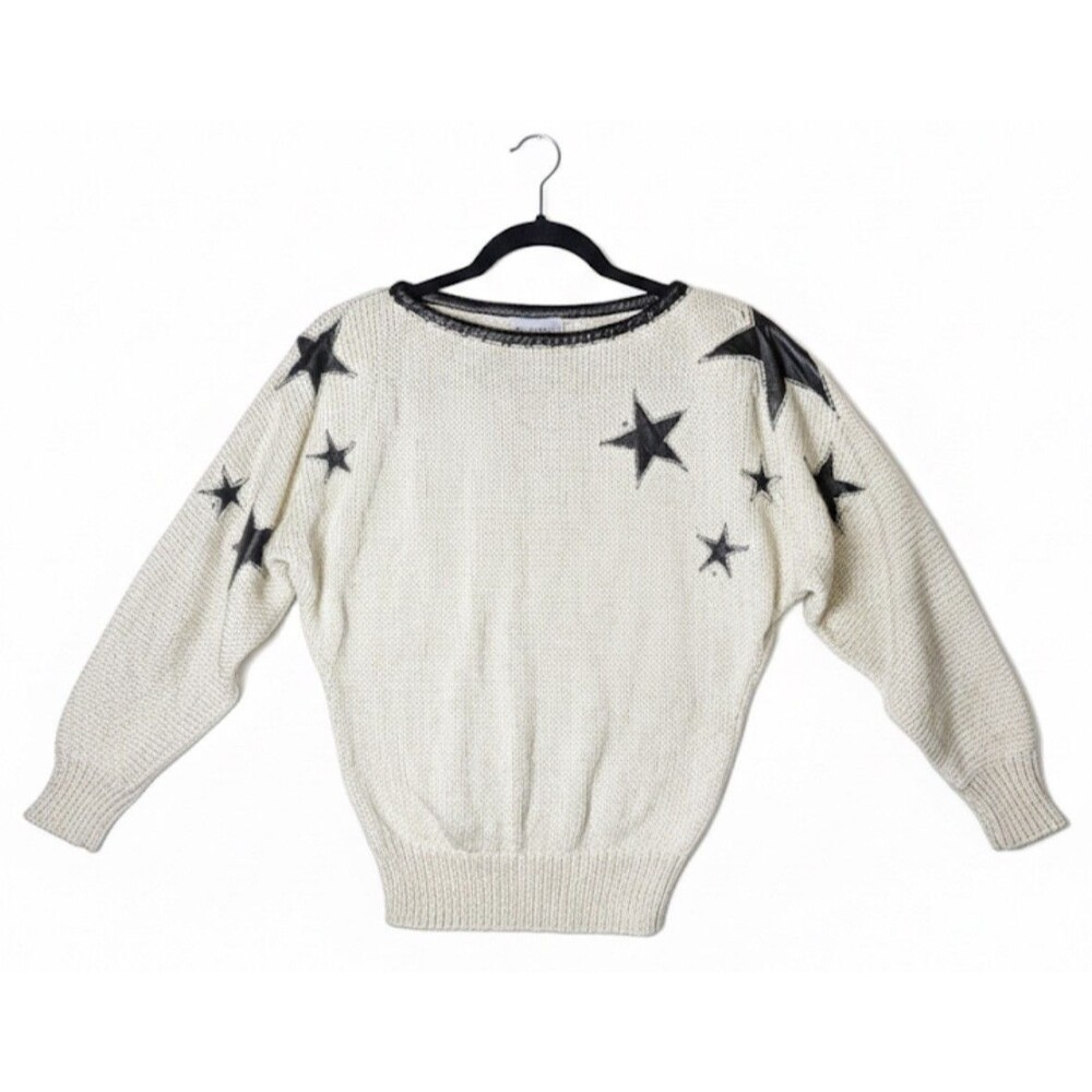 Vintage Nannell Hand Knit Star Sweater Cream M Leather Patch Beaded Trim 80s